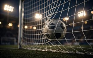Fußball im Tornetz bei Flutlicht